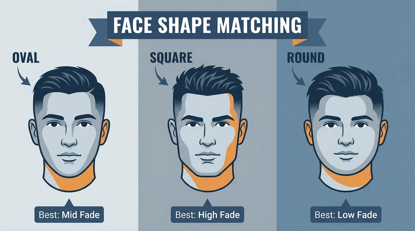 Illustration showing how to match fade haircuts to different face shapes.