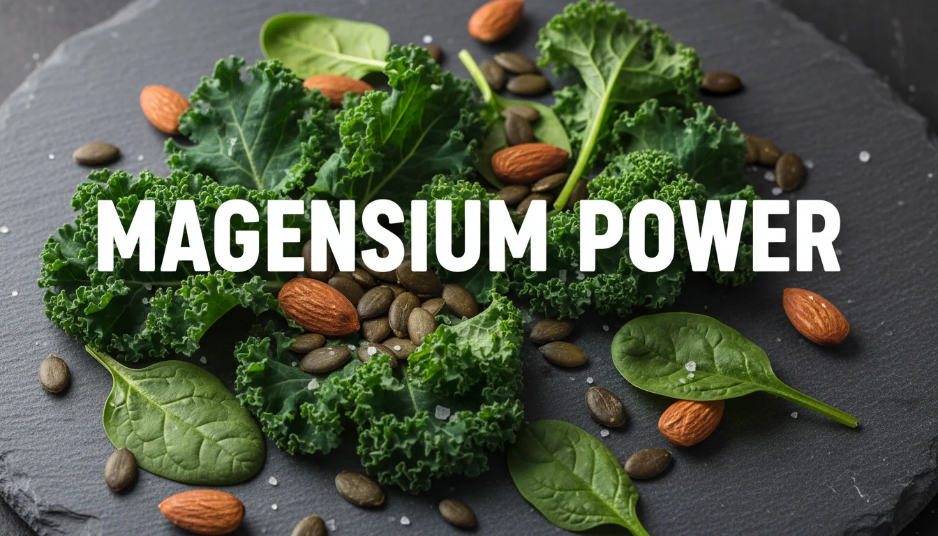 Close-up of magnesium-rich foods like spinach, almonds, and pumpkin seeds.