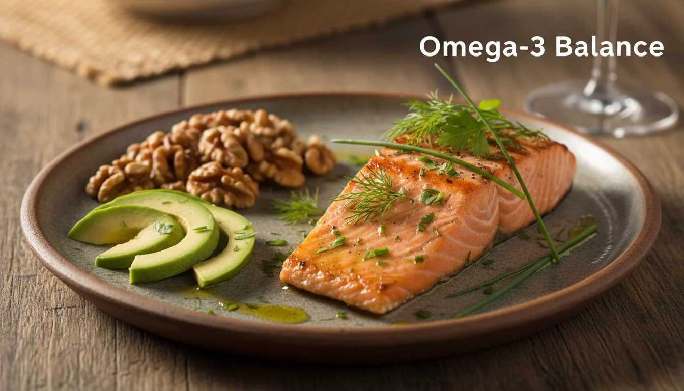 Grilled salmon and walnuts showing sources of omega-3 fatty acids.