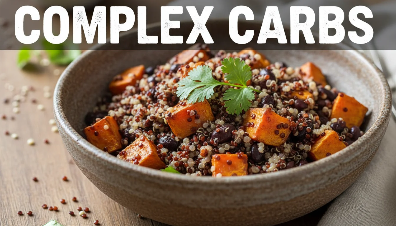 Bowl of complex carbohydrates like quinoa and sweet potatoes.
