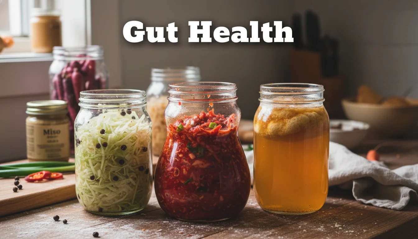 Jars of fermented vegetables and probiotic drinks.