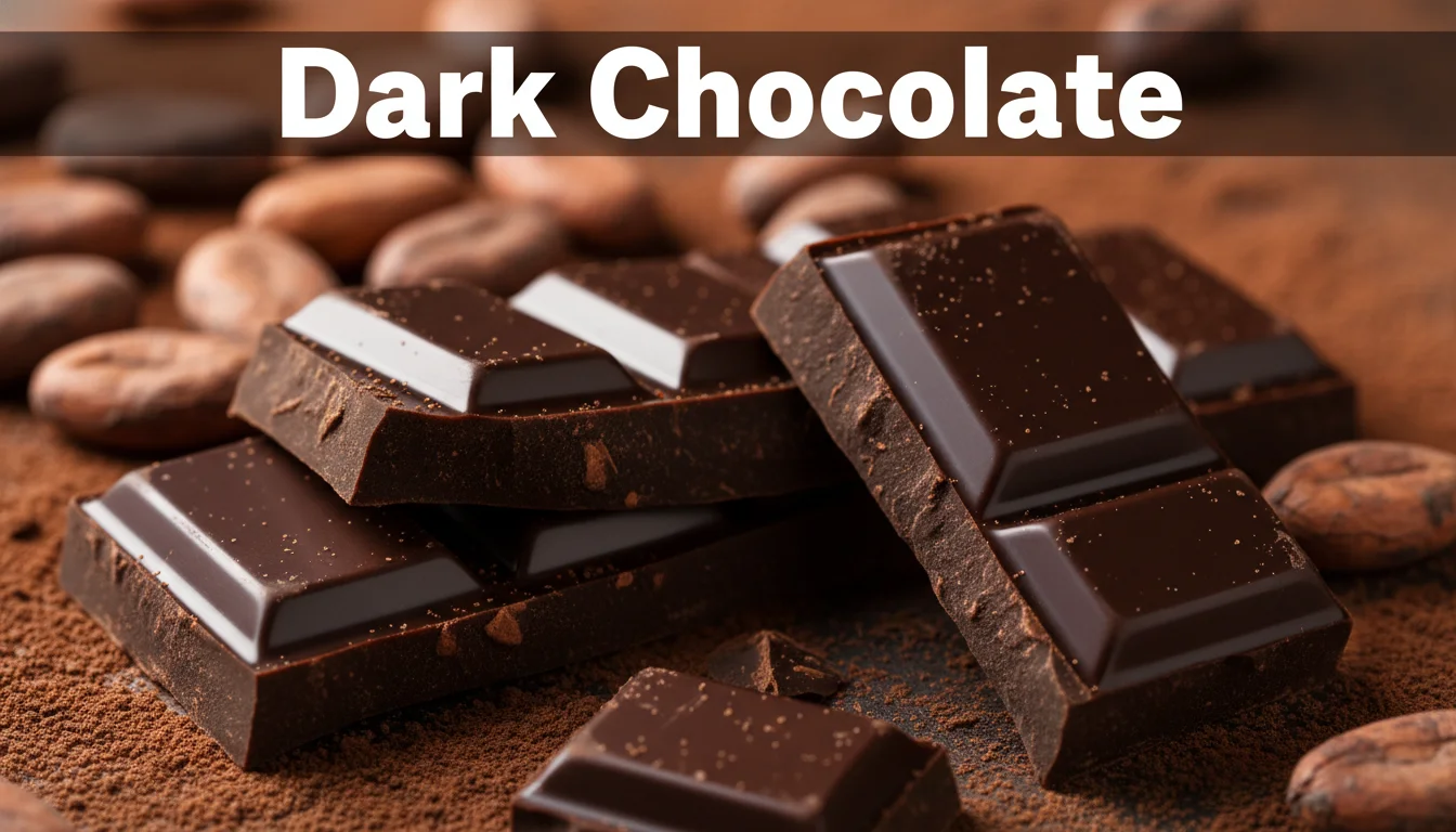 Pieces of dark chocolate and cocoa beans.