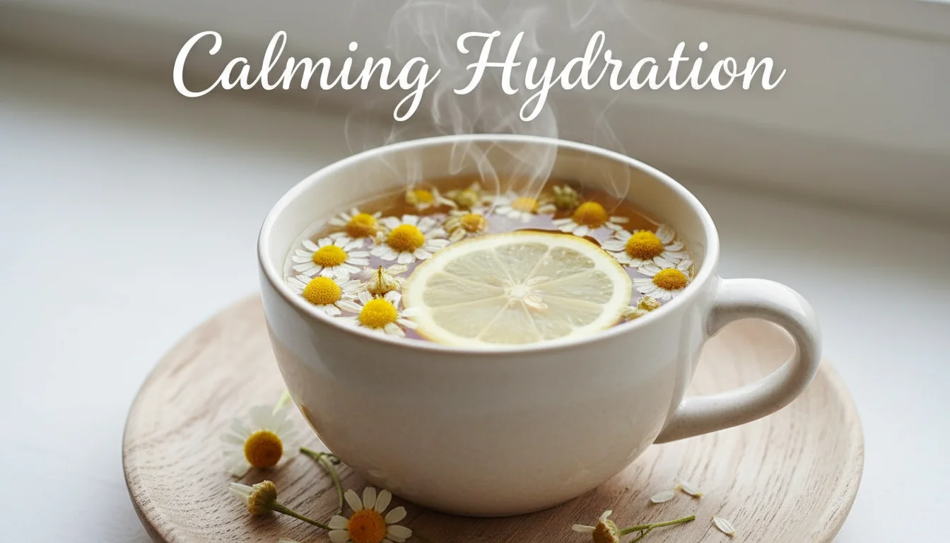 Cup of chamomile tea with fresh flowers.