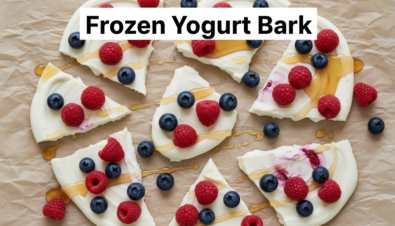Pieces of frozen yogurt bark with berries and honey on parchment paper.