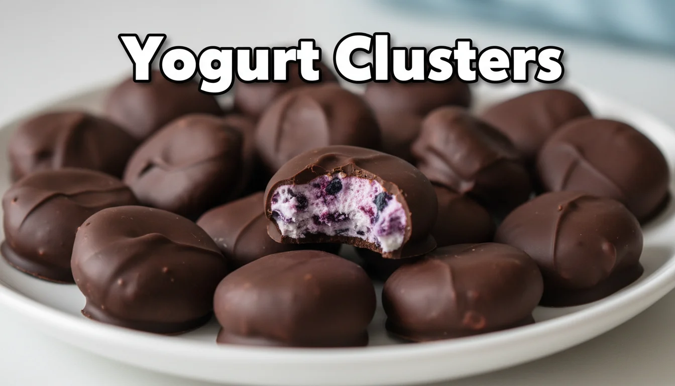 Chocolate-covered blueberry yogurt clusters on a white plate.