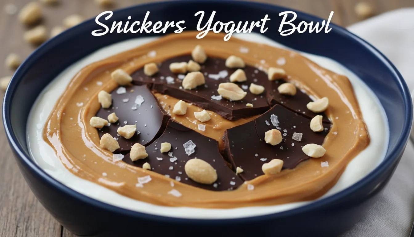 Healthy Snickers-inspired yogurt bowl with a chocolate shell.