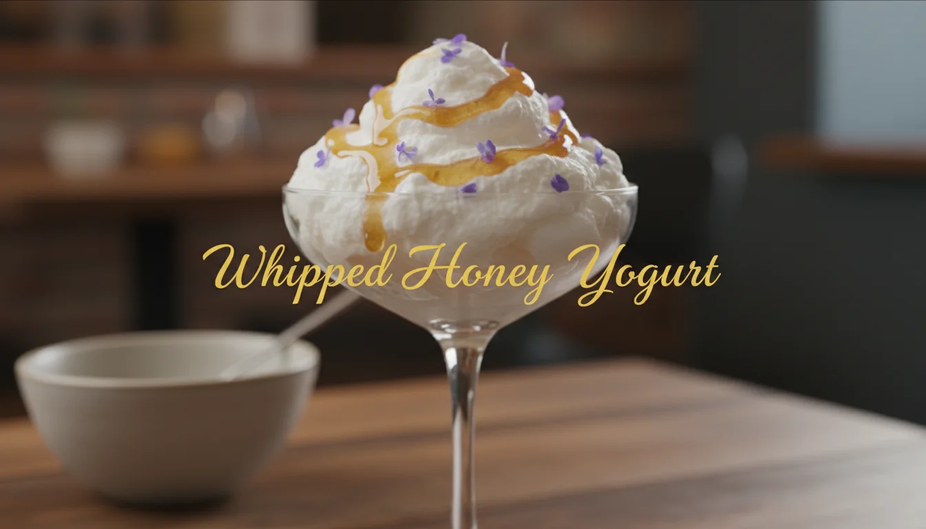 Fluffy whipped honey Greek yogurt served in a dessert glass.