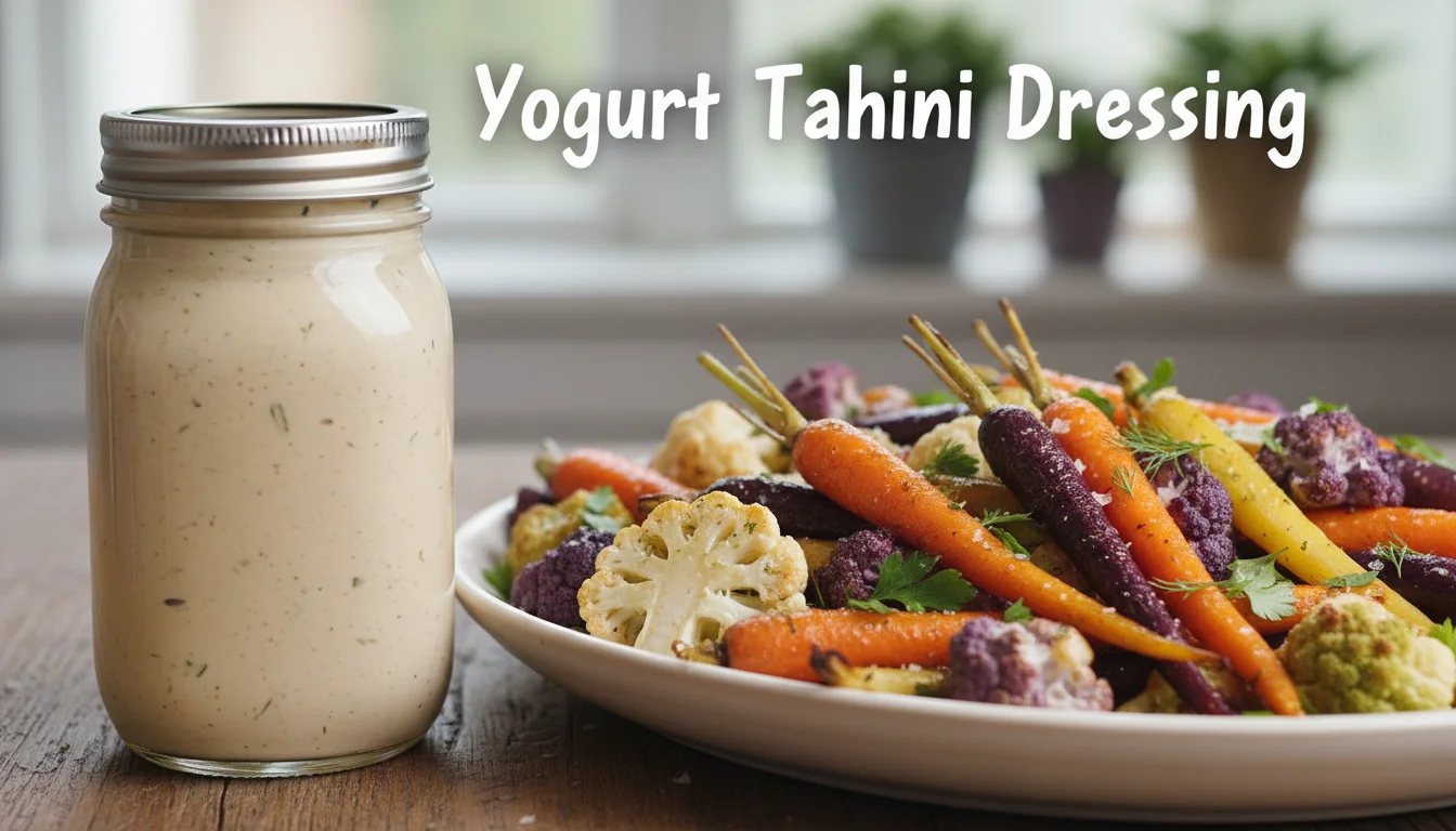 Creamy yogurt tahini dressing in a jar next to roasted vegetables.