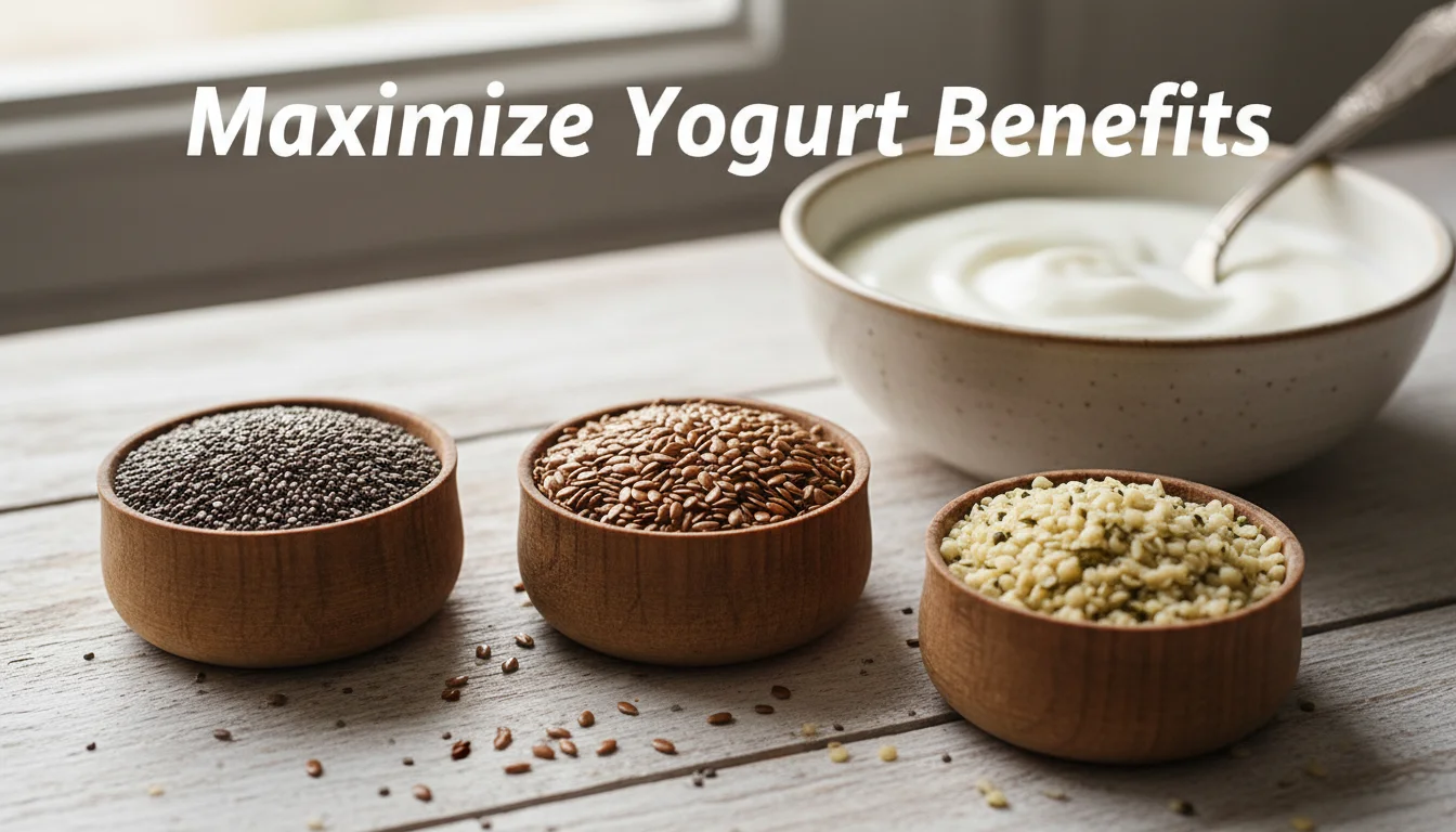 Healthy superfood toppings like chia and flax seeds next to a yogurt bowl.