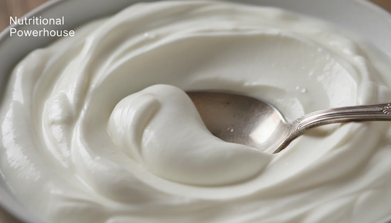 Close-up of thick Greek yogurt texture being swirled with a spoon.