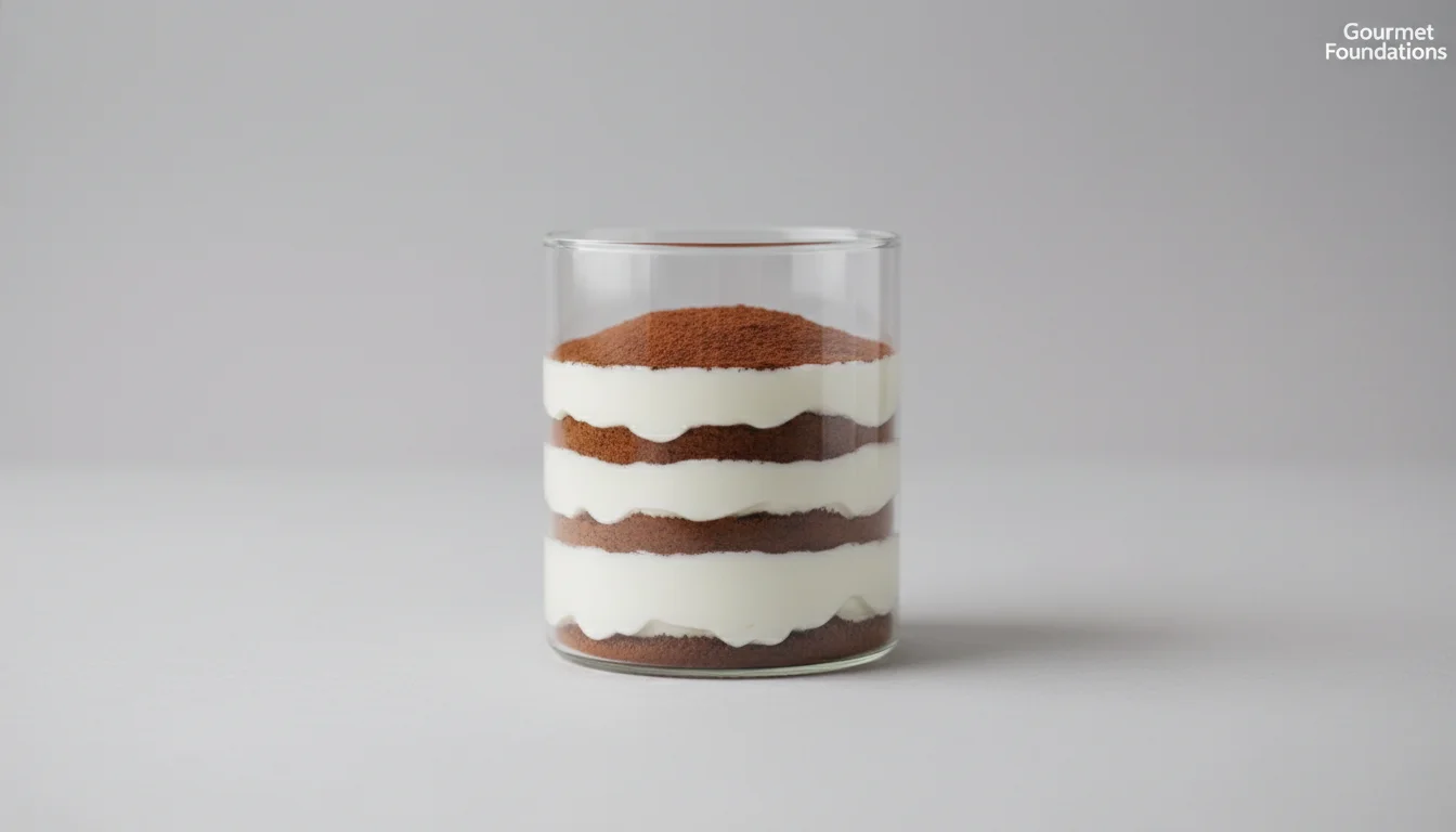 Layered yogurt and cocoa powder in a glass jar styled as a dessert.
