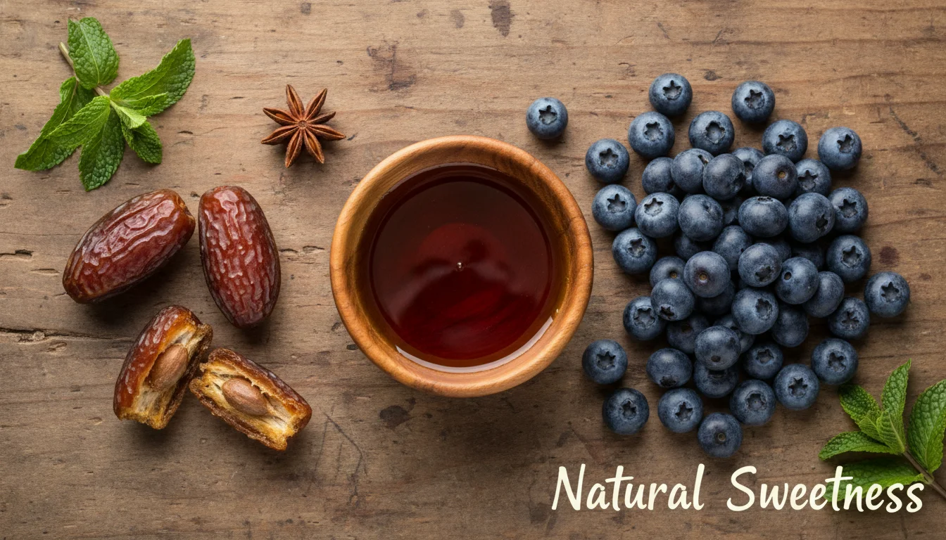 Selection of natural sweeteners including maple syrup, dates, and blueberries.