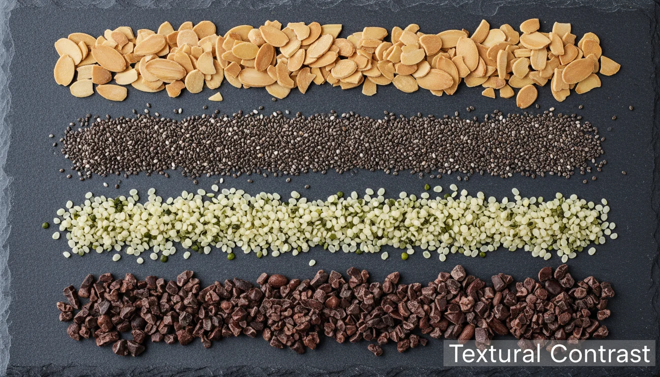 Various healthy yogurt toppings like almonds, chia seeds, and cacao nibs.