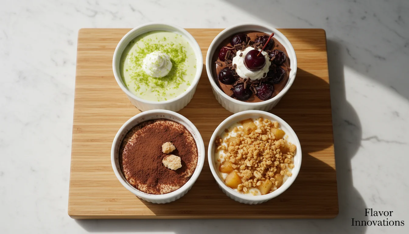 Variety of four different dessert-inspired yogurt ramekins.