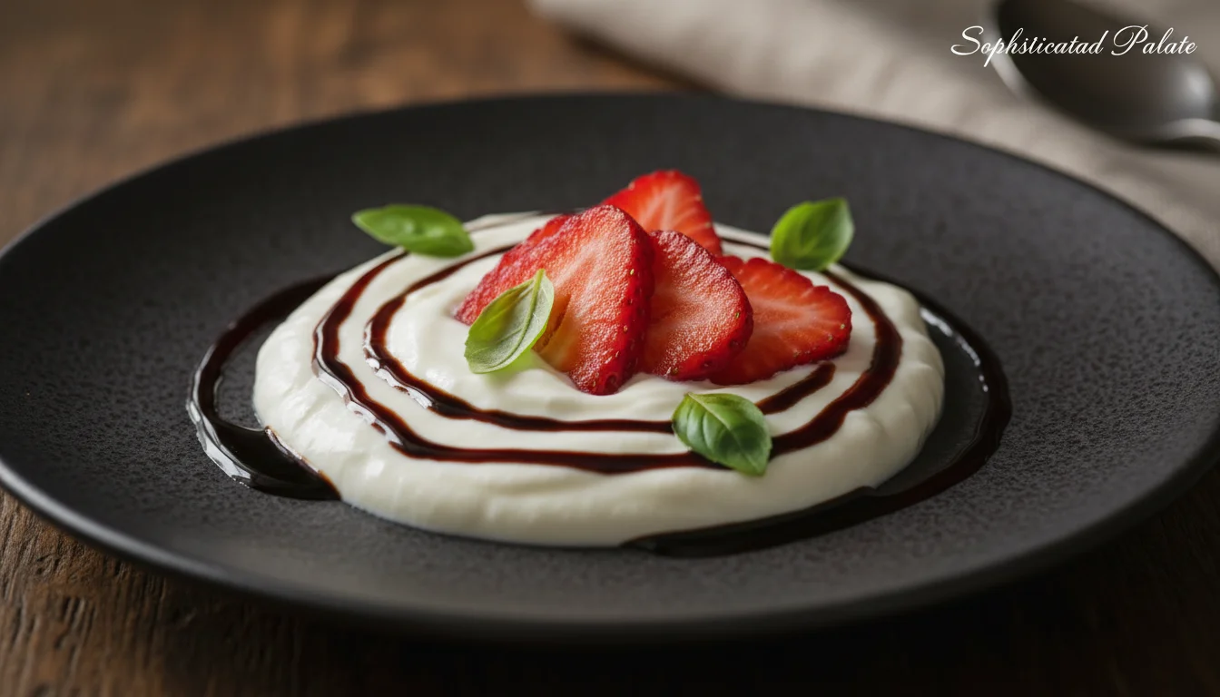 Gourmet yogurt bowl with balsamic-macerated strawberries and fresh basil.