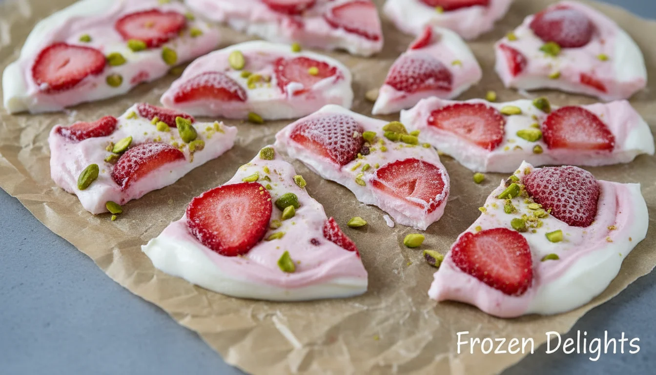Shards of frozen yogurt bark with fruit and nuts on parchment paper.