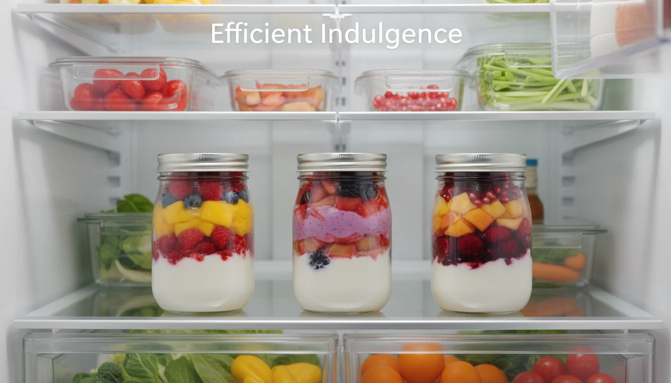 Meal-prepped yogurt jars with fruit layers stored in a refrigerator.