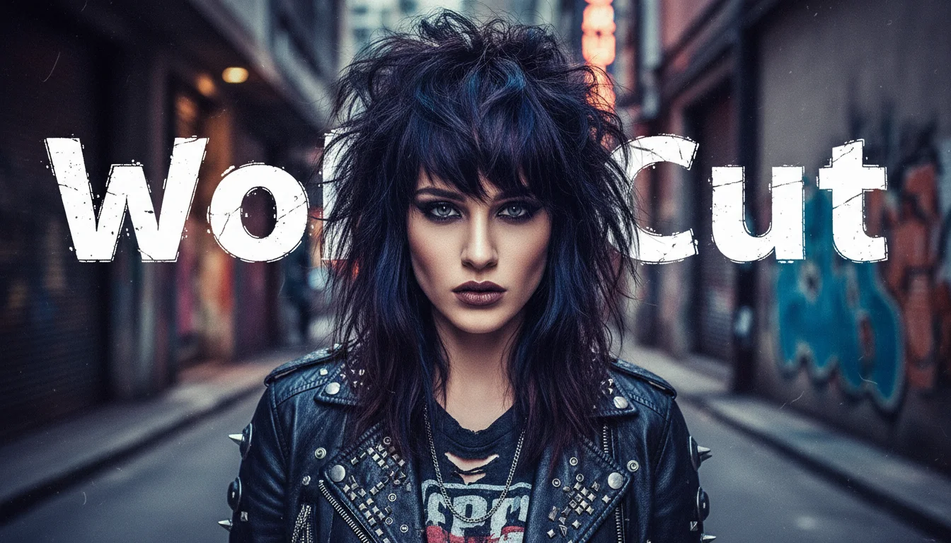 An edgy and textured  wolf cut hairstyle with curtain bangs.