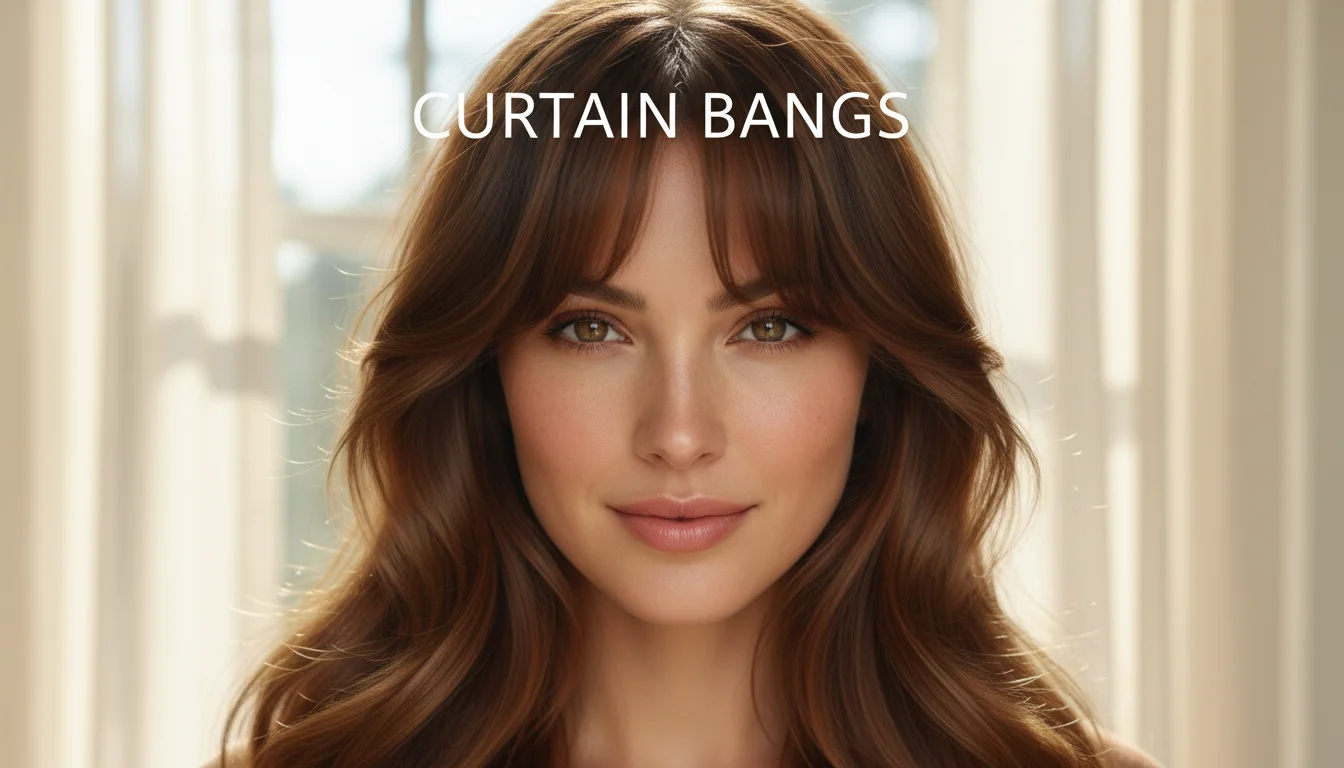 Elegant curtain bangs framing a model's face with soft waves.