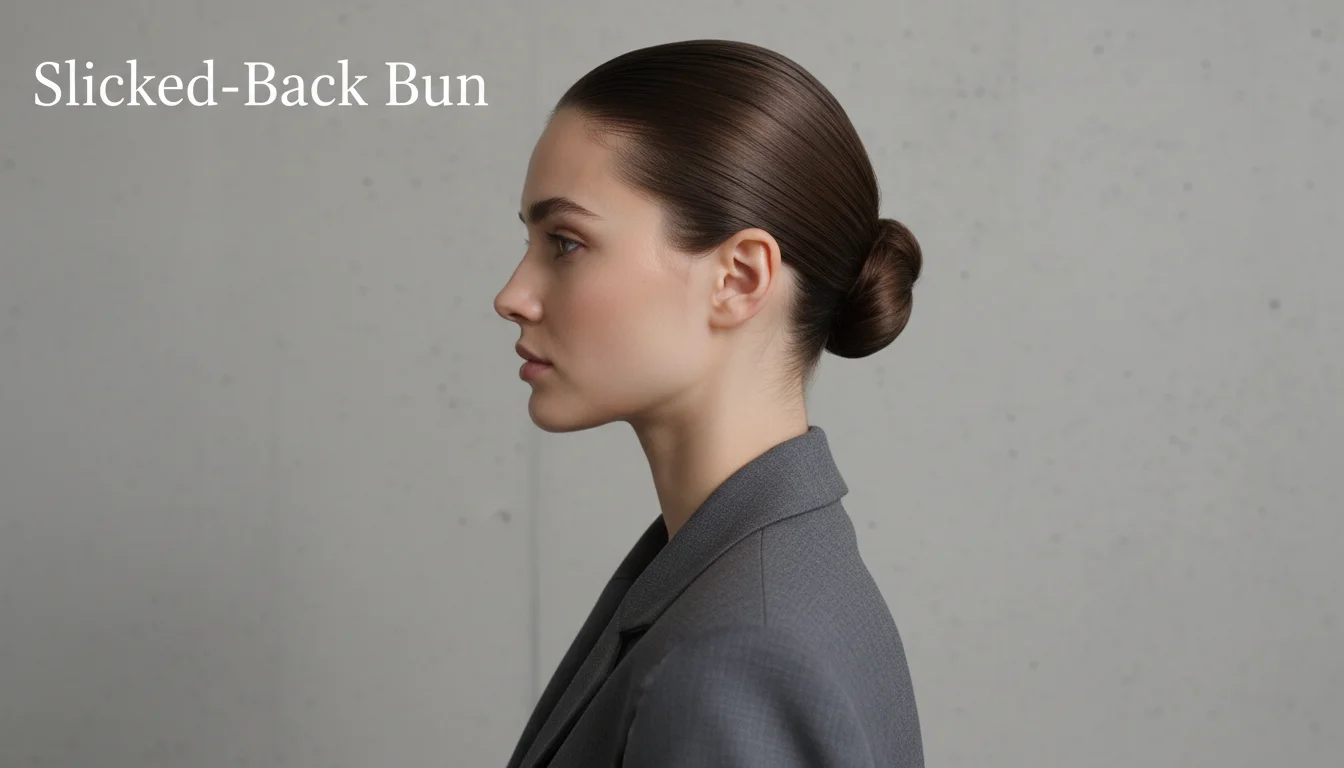 A high-shine slicked-back bun, characteristic of the clean girl aesthetic.