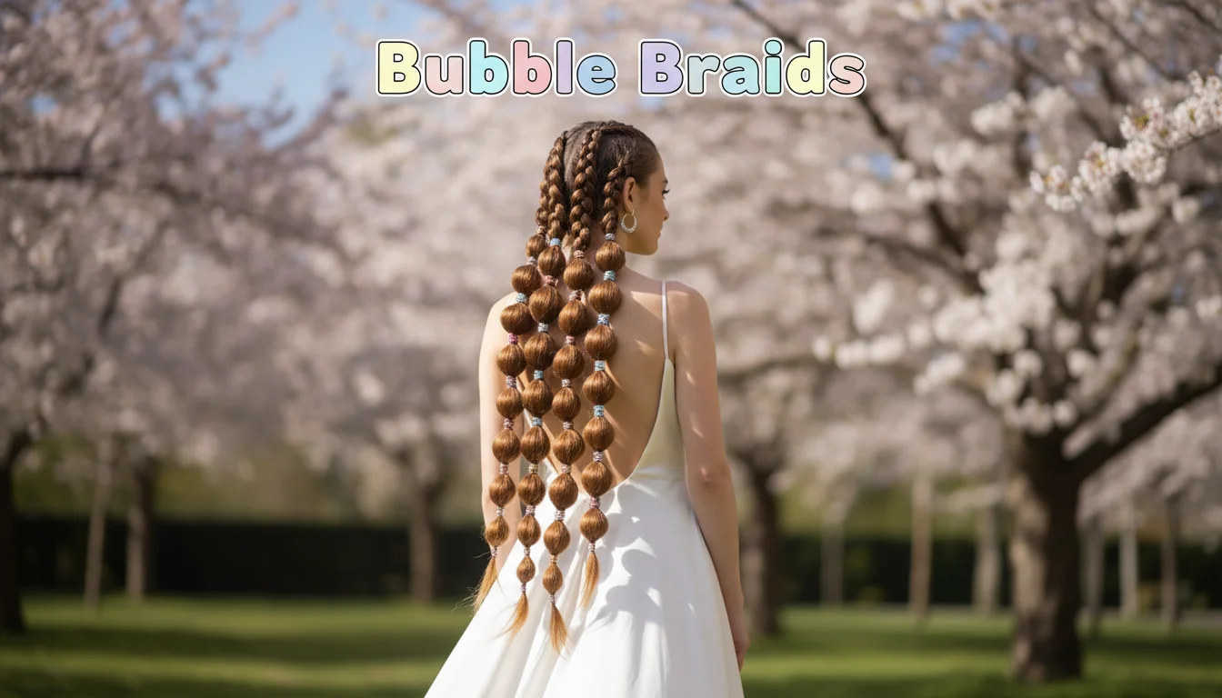Long, stylish bubble braids decorated with clear elastics for a modern look.