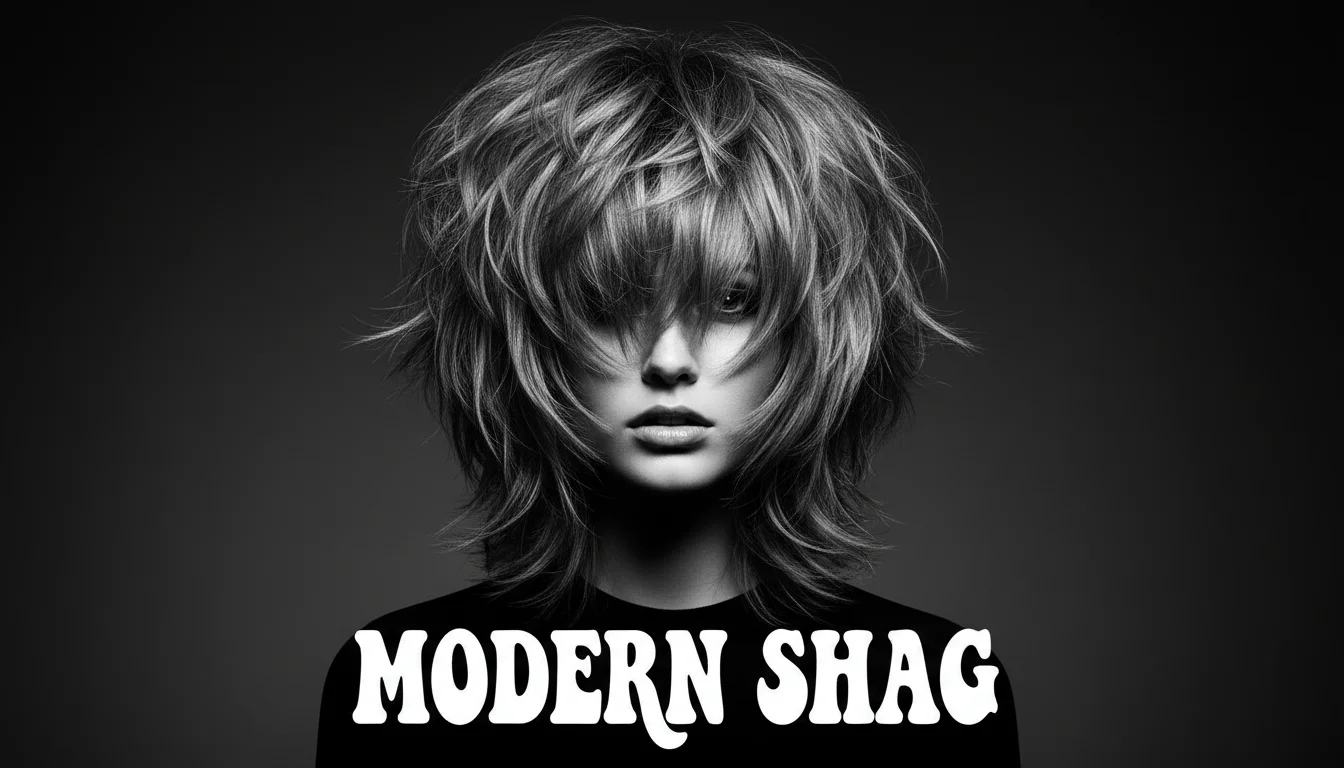 A modern shag hairstyle with voluminous layers and textured ends.