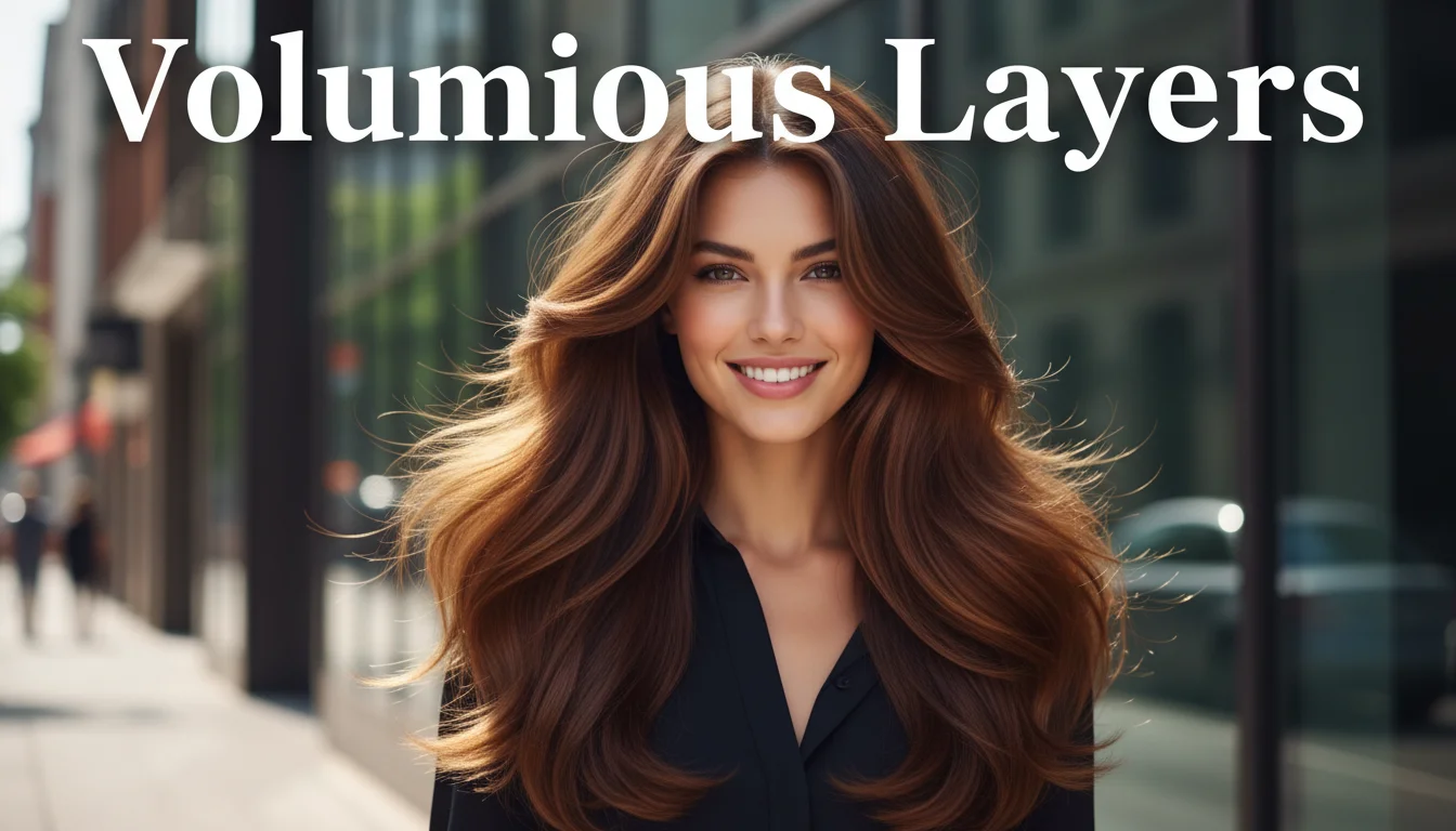 Woman with long layered hair and a professional blowout showing shine and volume.