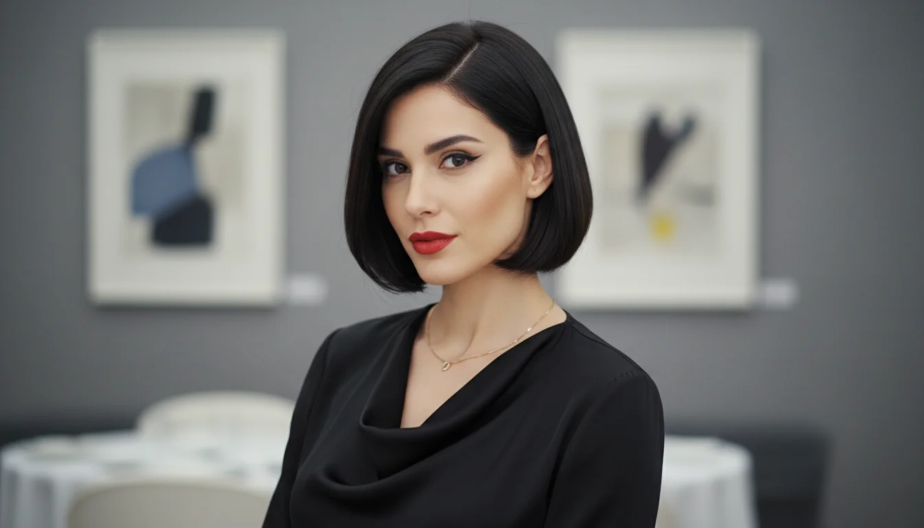 A modern Italian Bob haircut on a woman highlighting elegance and facial features.