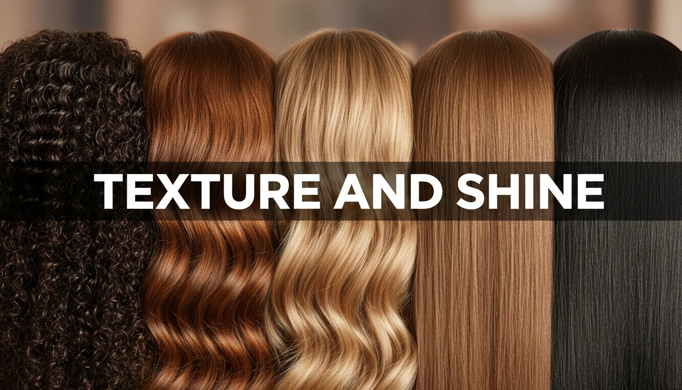 Close-up of healthy, shiny hair textures in different colors and types.