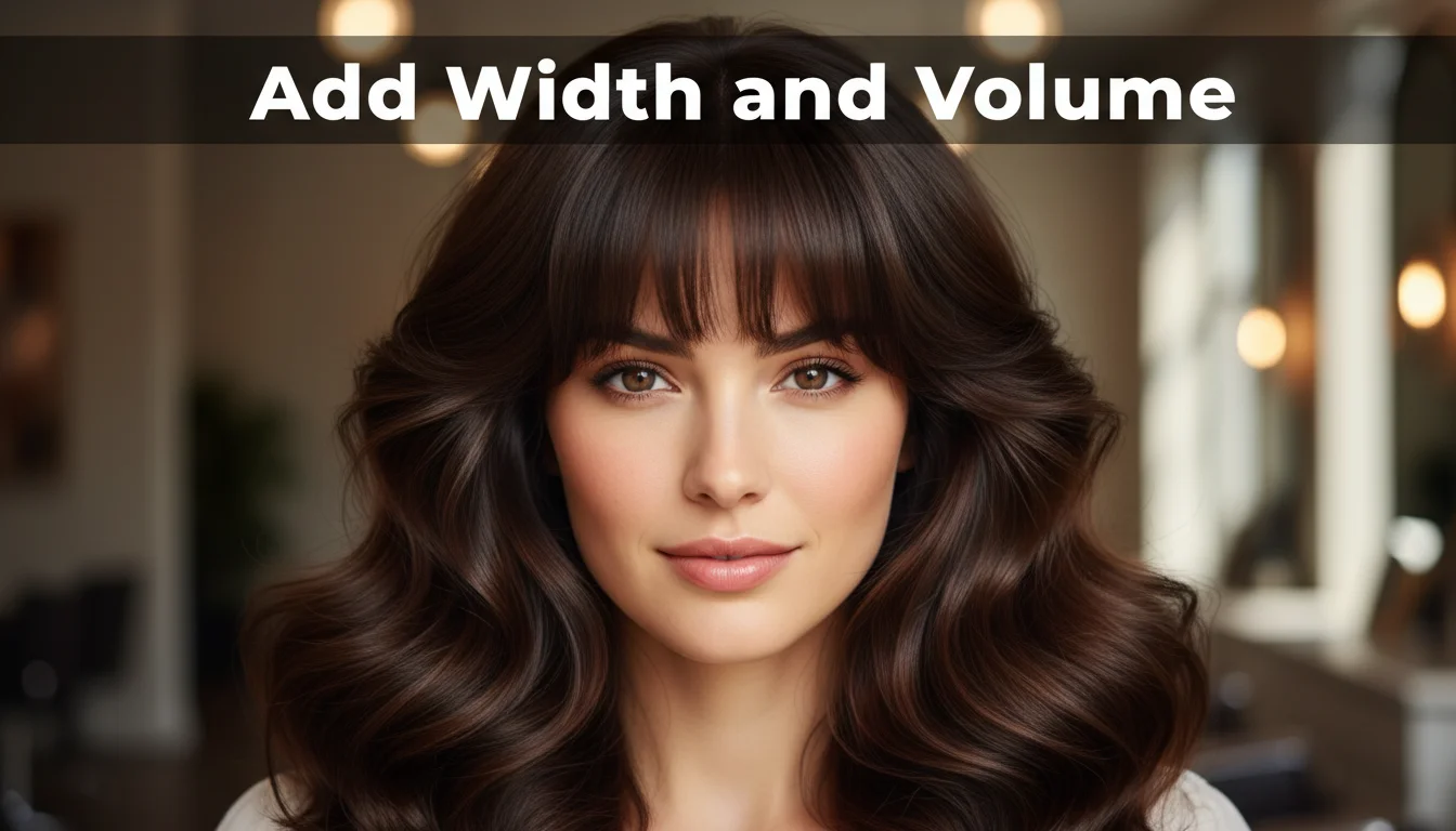 Voluminous medium-length hairstyle with horizontal bangs for an oblong face.