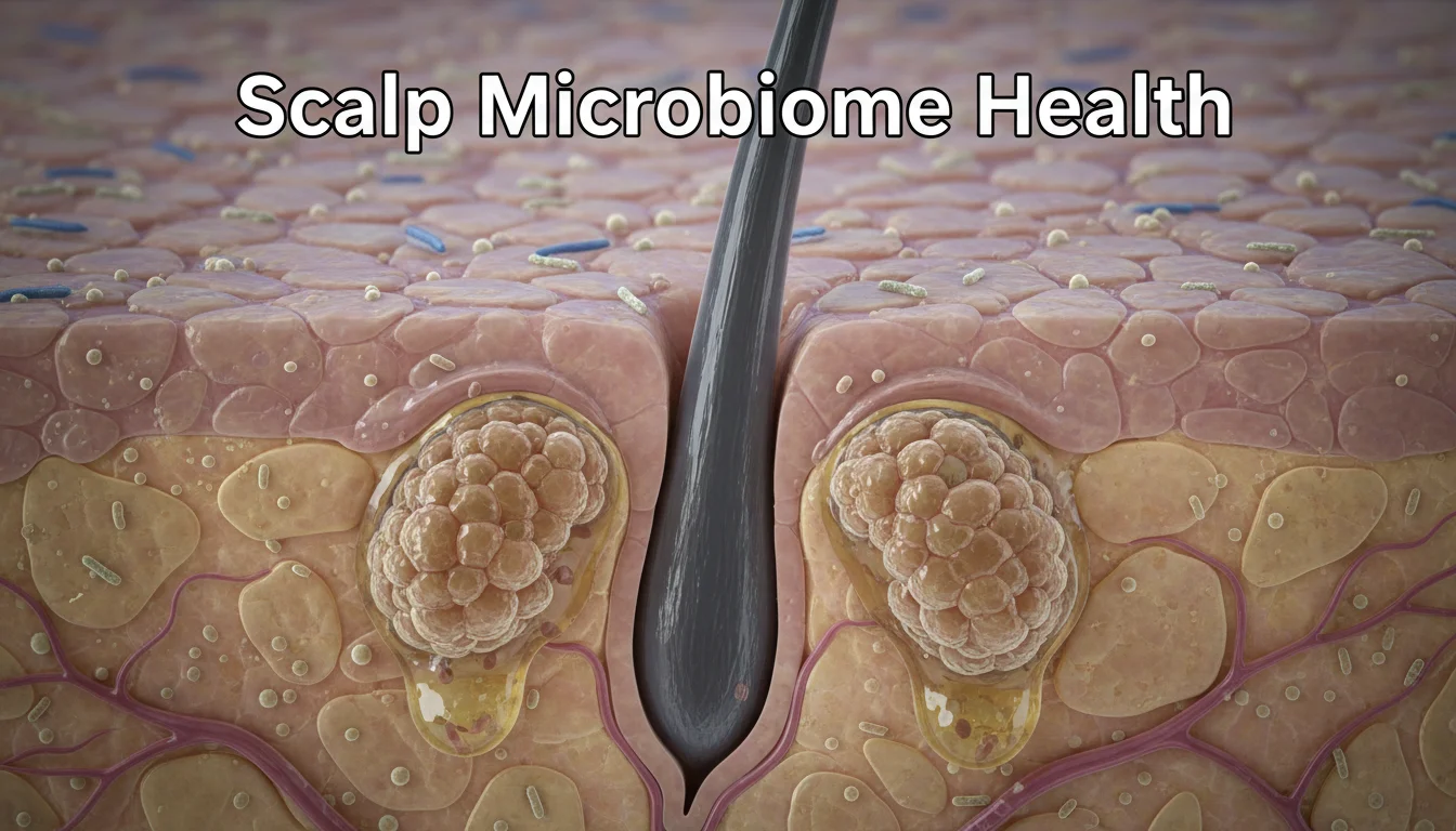 Microscopic view of a hair follicle and sebaceous gland illustrating scalp oil production.