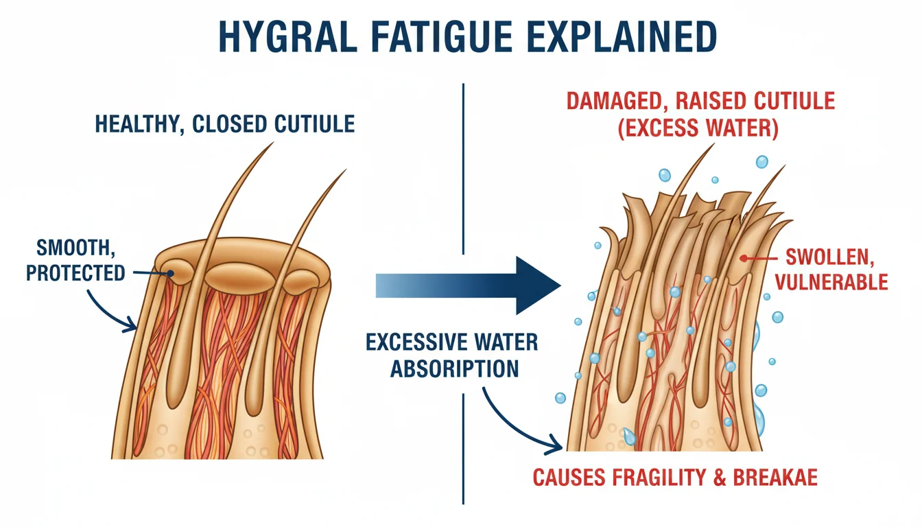 Comp arison diagram of a healthy hair cuticle and one damaged by hygral fatigue.