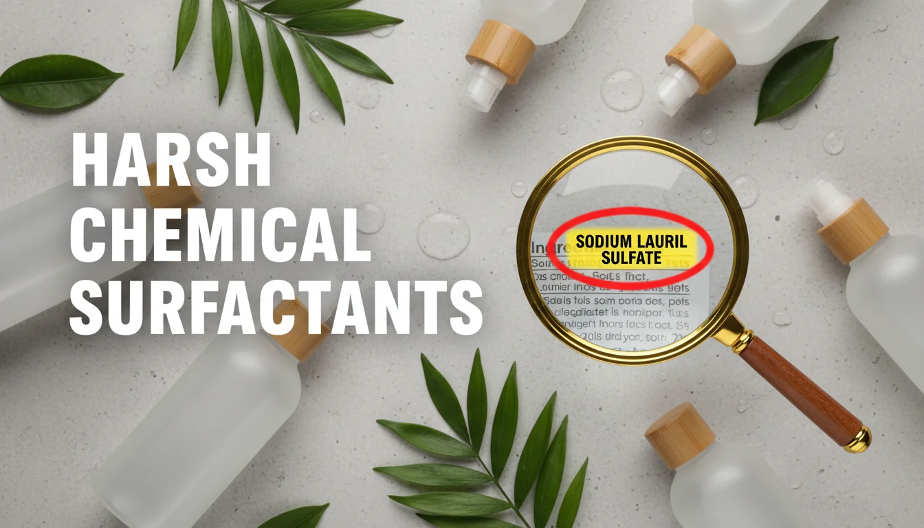 Ingredient list of a shampoo bottle highlighting sulfates under a magnifying glass.