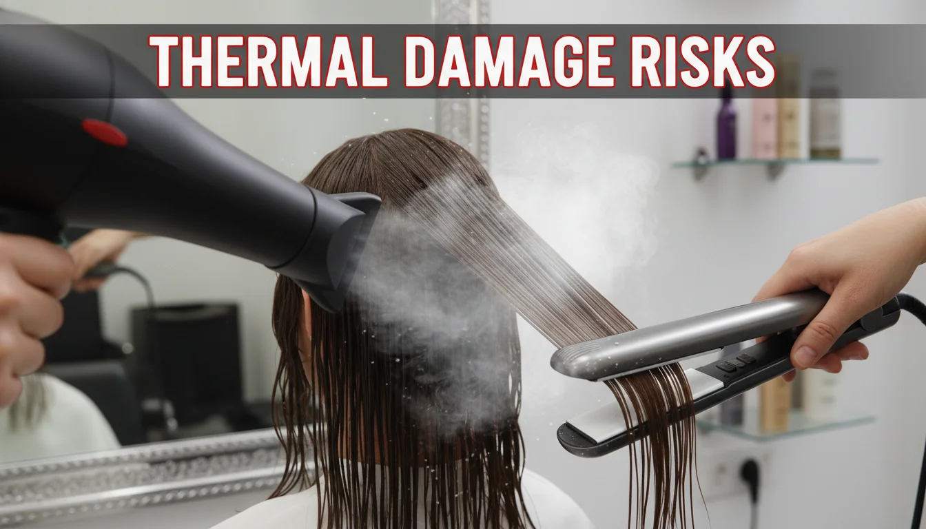 Close-up of hair being styled with heat tools illustrating potential thermal trauma.