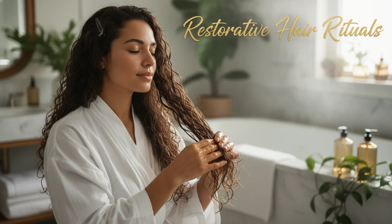 Woman applying a pre-shampoo hair oil treatment as part of a restorative routine.