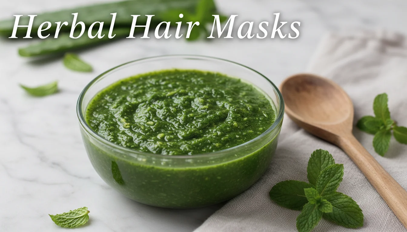 Homemade herbal hair mask in a glass bowl with natural ingredients.