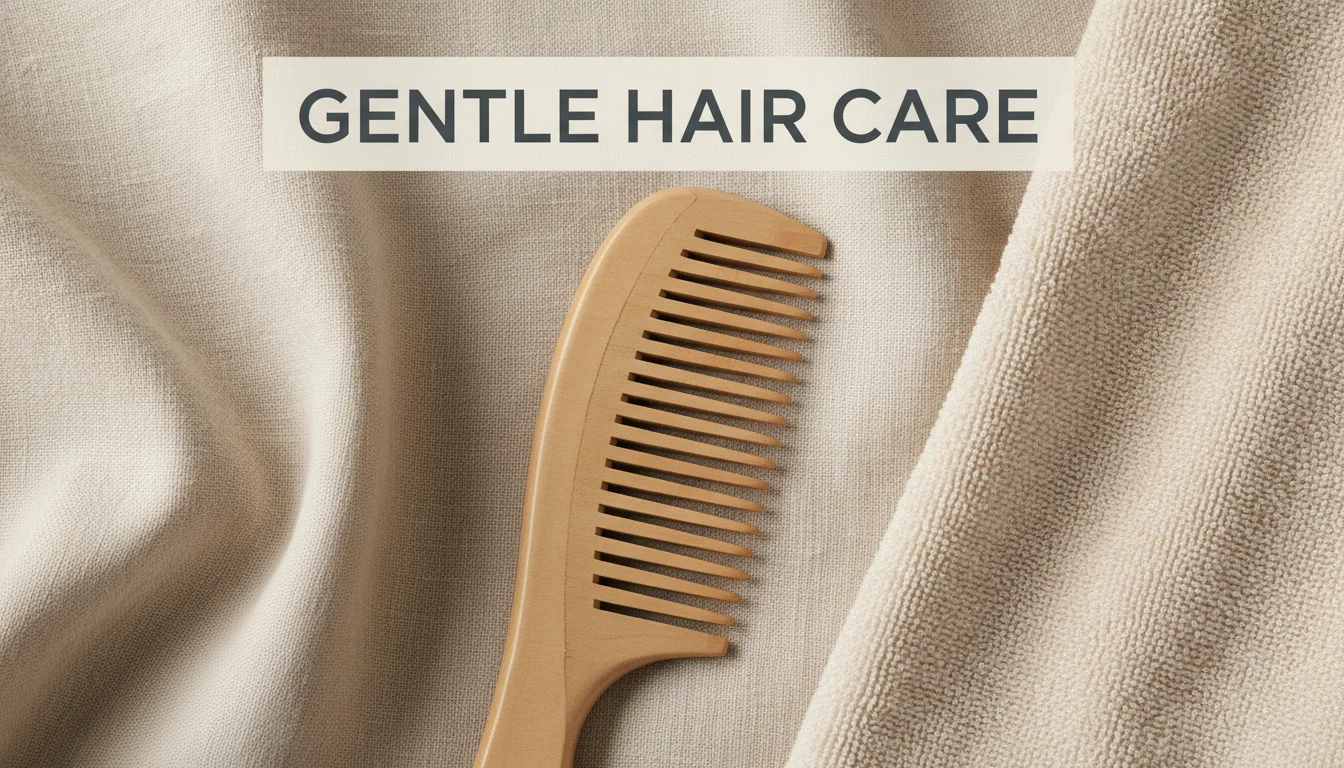 Wide-tooth wooden comb and microfiber towel for hair protection.