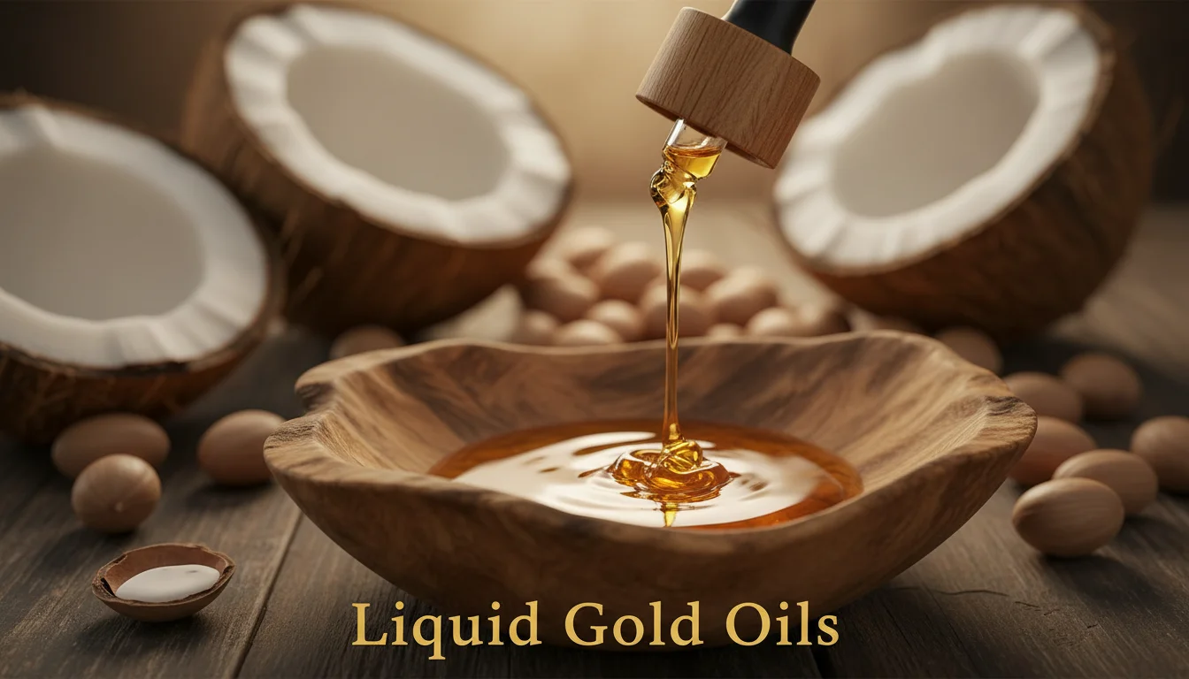 Golden natural oil being dispensed from a dropper bottle for hair treatment.