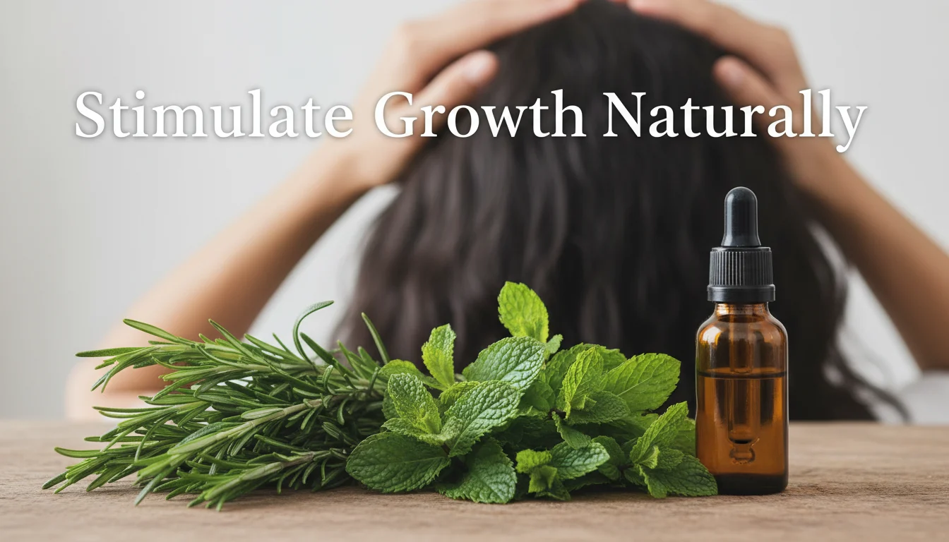 Fresh rosemary and peppermint leaves used for scalp stimulation remedies.