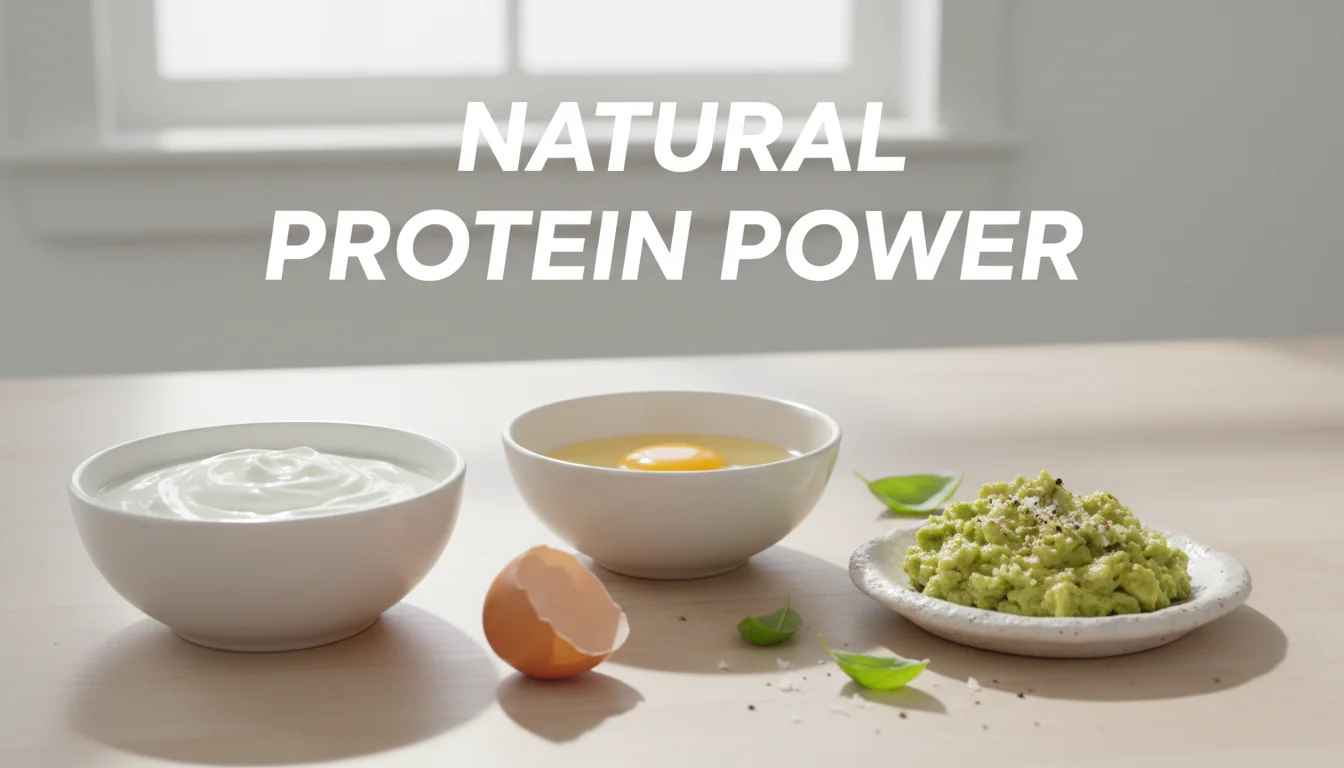 Kitchen ingredients like eggs, yogurt, and avocado for protein hair masks.