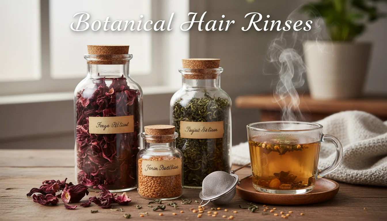 Dried herbs and brewed herbal tea infusions for hair rinsing.