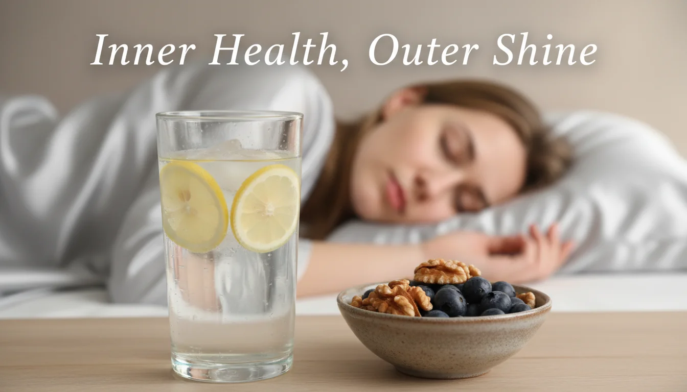 Healthy food, water, and sleep representing a holistic approach to hair care.