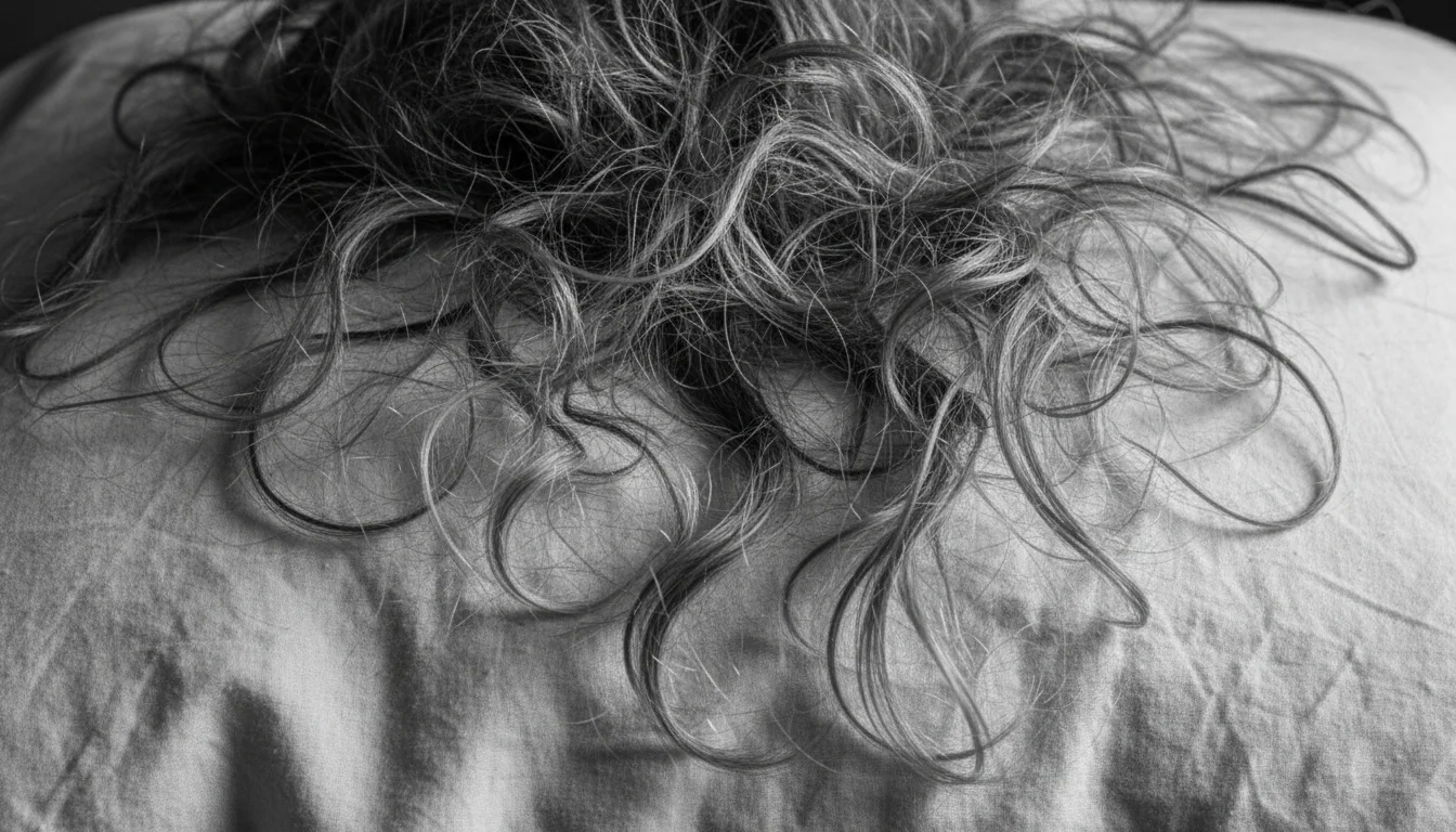 Close-up of tangled and frizzy hair on a cotton pillowcase showing mechanical friction damage.