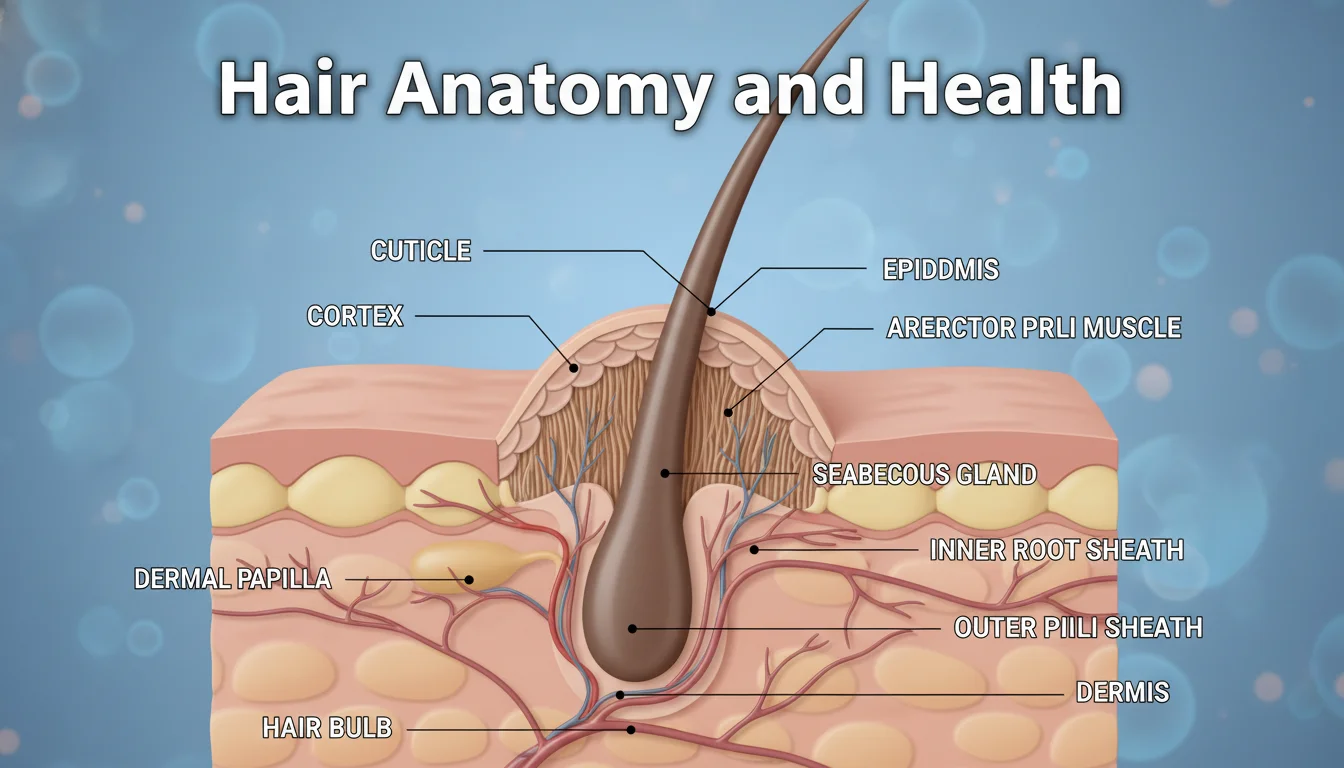 Detailed anatomical diagram of a hair shaft showing the cuticle and internal structures.