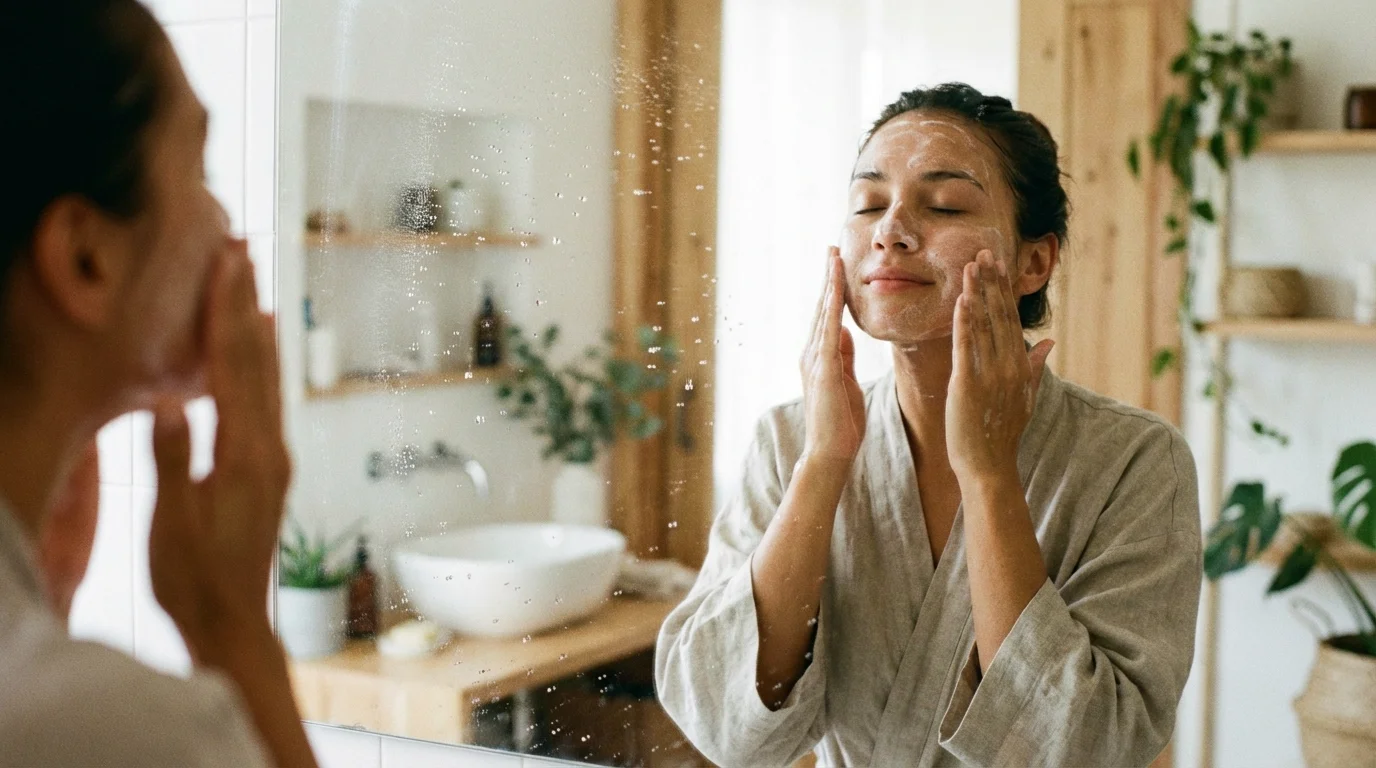 A person applying facial cleanser as part of a daily skincare habit.