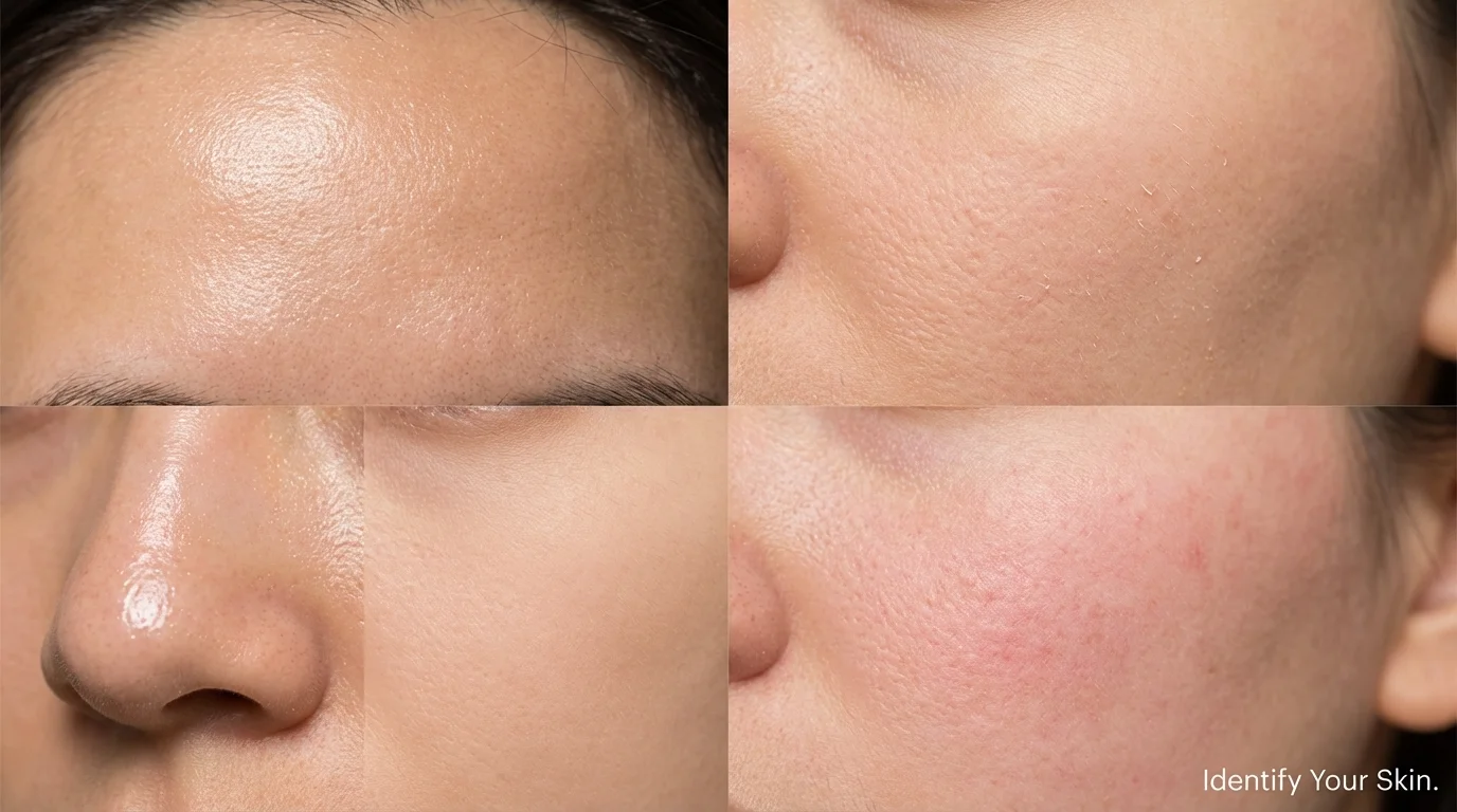 Close-up comparison of oily, dry, combination, and sensitive skin types to help with identification.