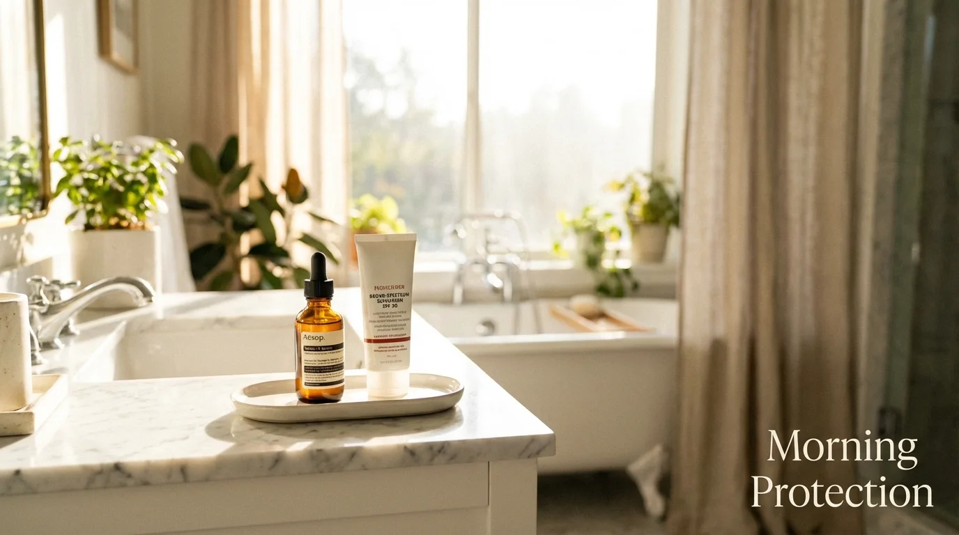 Essential morning skincare products including Vitamin C serum and sunscreen on a bright vanity.