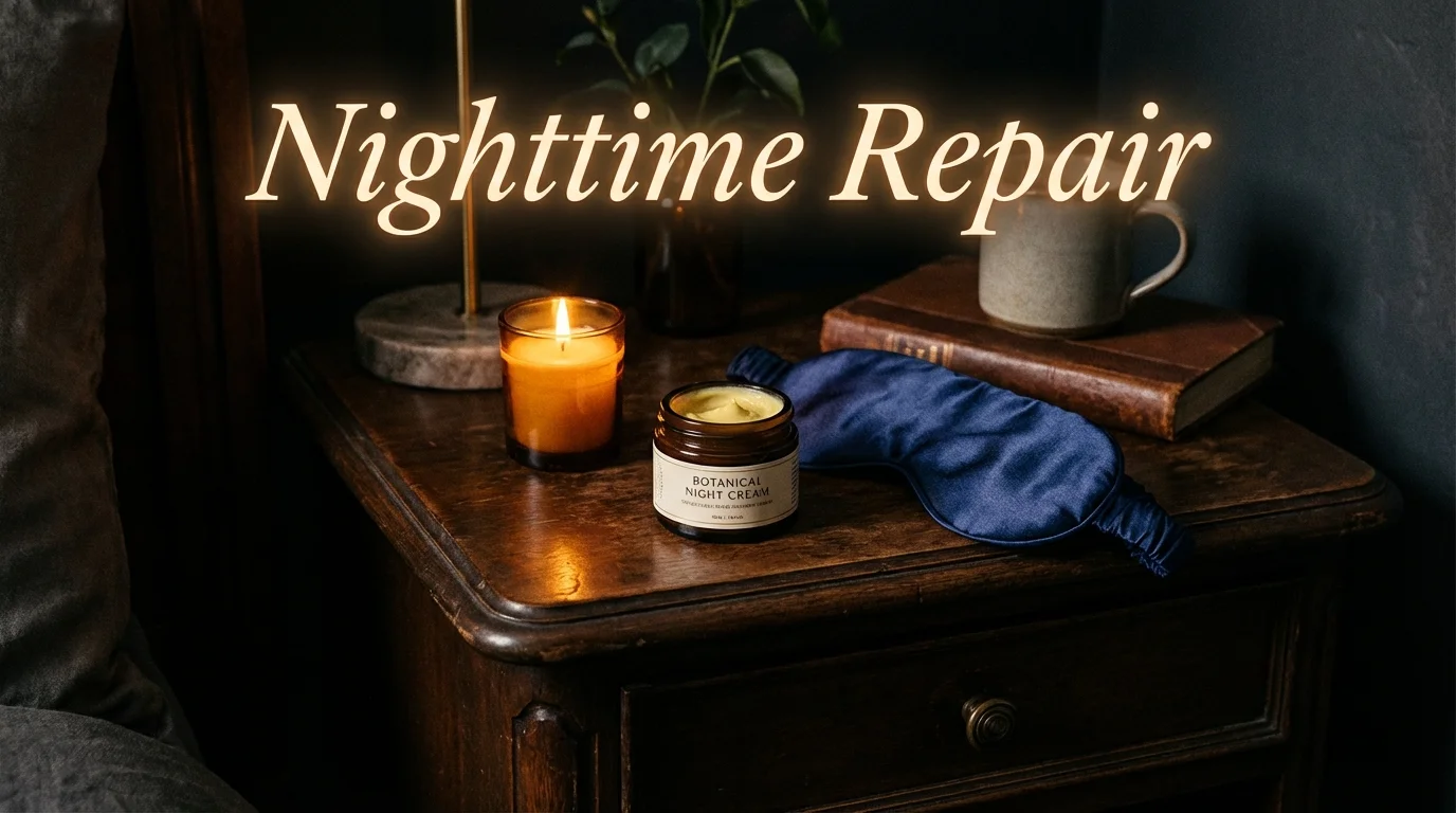 Luxury night cream and a silk sleep mask on a bedside table for an evening routine.
