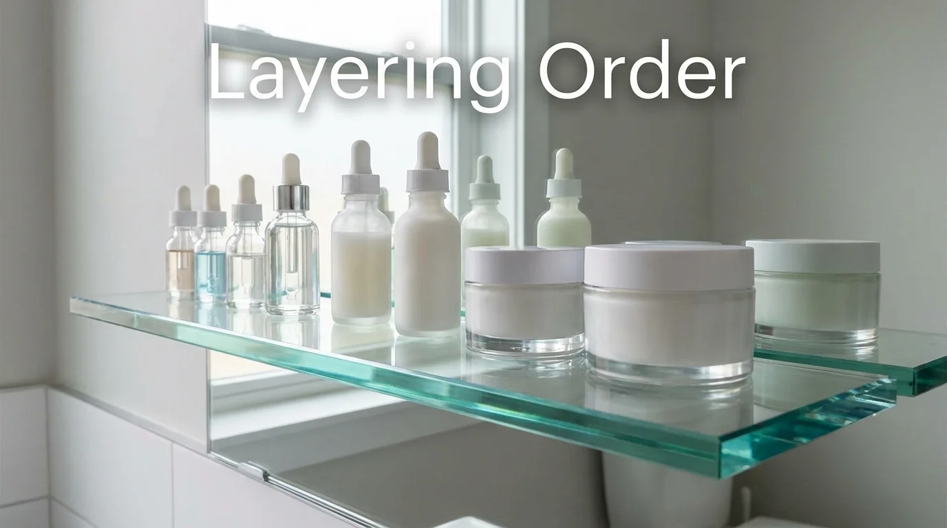 Skincare products arranged by texture and consistency on a glass shelf to show layering order.