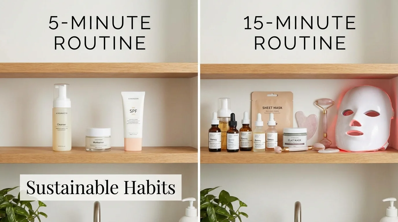 Comparison of a minimalist 3-step skincare routine versus a detailed multi-step routine.